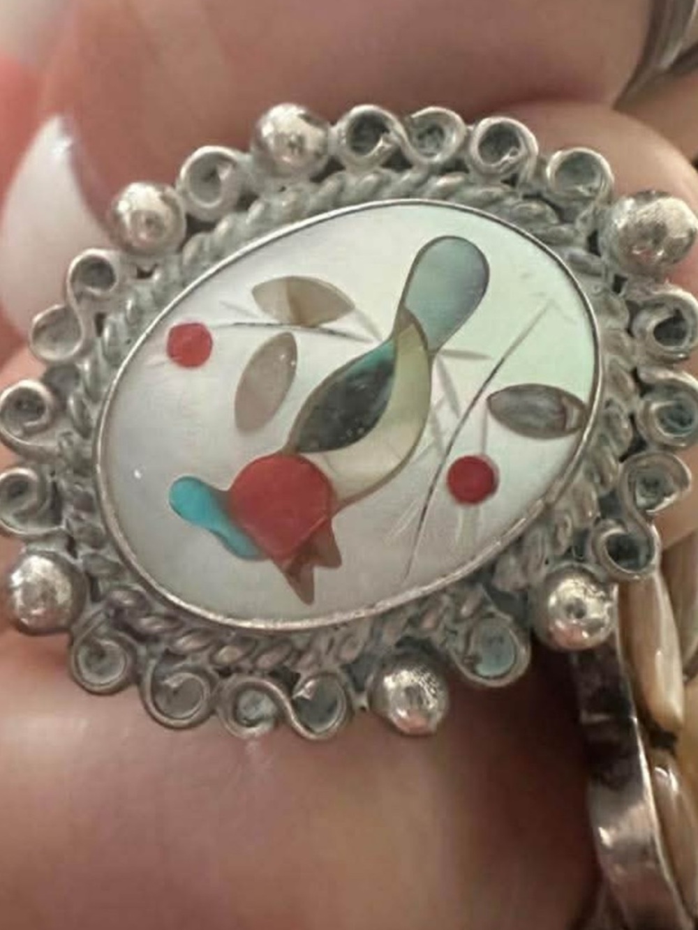 Vintage Silver Inlay Bird Ring with Red & Turquoise Accents